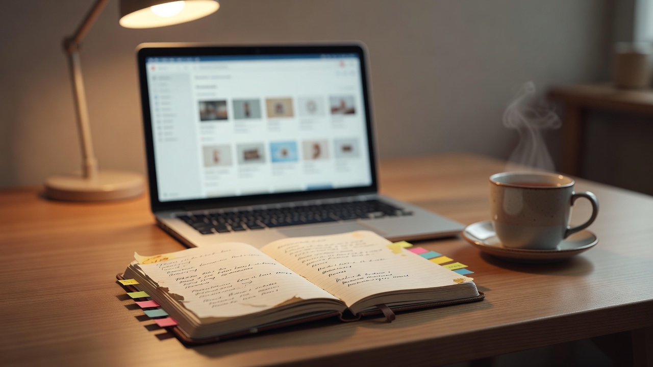 夜间书桌上打开着图鉴式索引界面的笔记本电脑，旁边放着手写笔记与便签